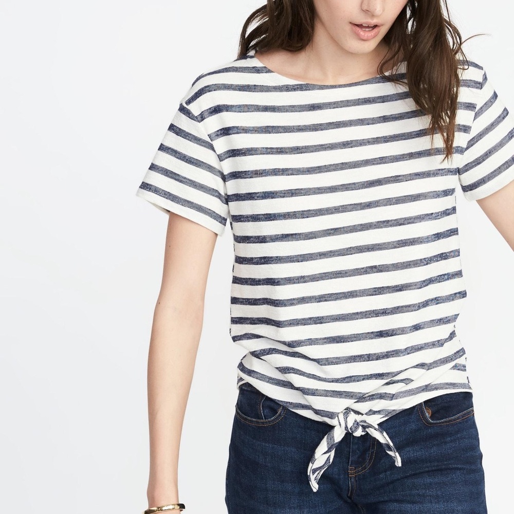 Navy Stripe Tie Front Short Sleeve